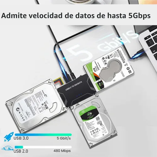 Vista 2 de Adaptador USB 3.0 a IDE SATA lector de disco duro para disco duro HDD/SSD de 2.5/3.5, cable de convección externa de ultra recuperación incluye