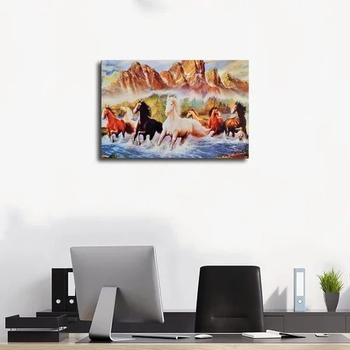 Vista 3 de Pintura al óleo de siete caballos caminando por el río, arte de pared, impresiones de animales sobre lienzo, póster de lienzo para decoración
