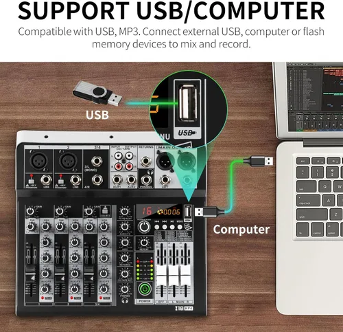 Vista 2 de XTUGA KP4 Mezclador de audio de 4 canales con Bluetooth, controlador de tablero de sonido DJ