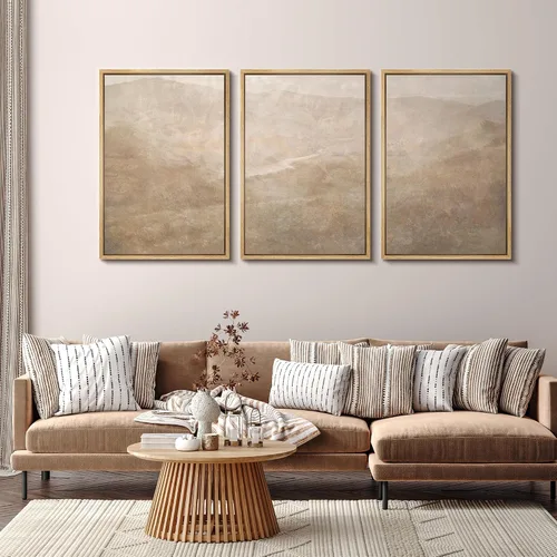 Vista 35 de SIGNFORD - Set de obras de arte en lienzo enmarcado para pared, ilustraciones abstractas de neblina del desierto en tonos neutros beige y marrón