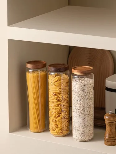 Vista 4 de Kanwone Juego de 3 recipientes herméticos para almacenamiento de alimentos, recipientes de almacenamiento de vidrio de 54 onzas con tapas de bambú