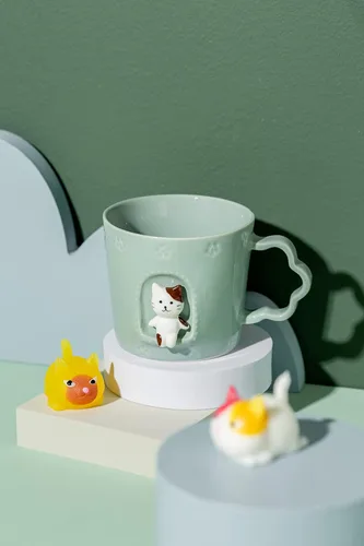 Vista 6 de DIHOclub Taza de cerámica con diseño de gato, ventana con animales, figura de cerámica hecha a mano, tazas lindas de dibujos animados, regalo