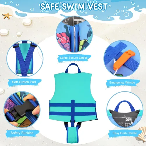 Vista 3 de PAETAE Chaleco de natación de neopreno para niños, chaqueta de natación para niños pequeños, flotadores, ayuda a la natación para niños y niñas de 1