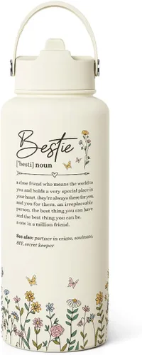Vista 31 de Regalo de repostería para mujeres, botella de agua de acero inoxidable de 32 oz con tapa y popote, botellas aisladas estéticas de dulces, regalos