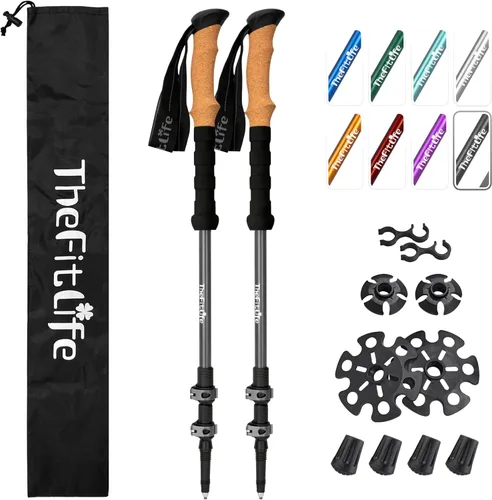 Vista 8 de TheFitLife Bastones de senderismo para senderismo y caminar, aluminio ligero 7075 con bloqueo de metal y agarre de corcho natural, bastones