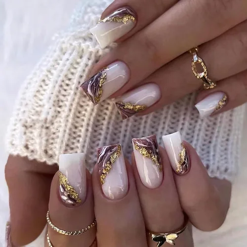 Vista 7 de 24 uñas postizas cuadradas de color negro brillante, de cobertura completa, con diseños de notas musicales, uñas postizas acrílicas con pegamento