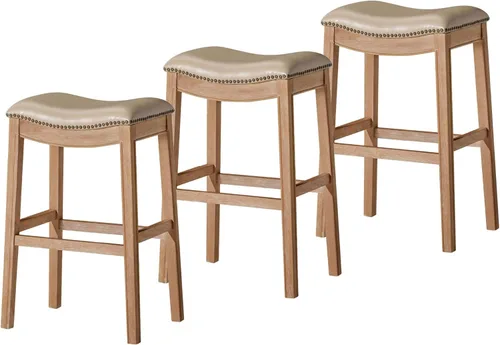 Vista 27 de Maven Lane Adrien Taburete de bar sin espalda, juego de 2, asiento de silla de montar de 31 pulgadas con reposapiés, marco de madera maciza marrón