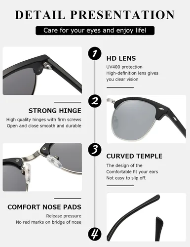 Vista 112 de AEVOGUE Gafas de sol polarizadas para mujeres y hombres semi marco retro gafas de sol AE0369