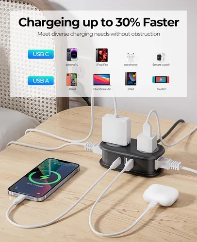 Vista 3 de Regleta de alimentación de viaje, ORICO 4 tomas de corriente 3 puertos USB (1 USB C) con cable de extensión corto envuelto de 4 pies, regleta