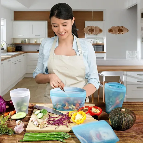 Vista 7 de Zip Standing Recipiente de alimentos reutilizable, bolsa de silicona, 6 contenedores con cremallera que se pueden utilizar para aperitivos de frutas