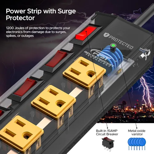 Vista 4 de Regleta de 8 tomas de alta resistencia CRST con interruptores individuales, protector contra sobretensiones de metal de 15A/1875W con interruptor