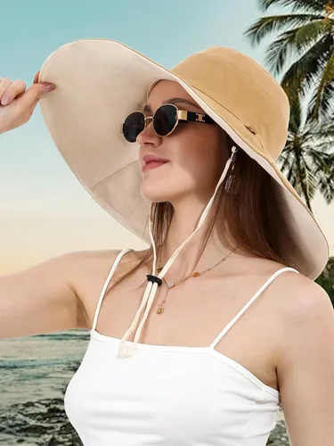 Vista 6 de Sun Hat for Women Wide Brim Reversible Double-Sided Cotton Fisherman Cap Caqui