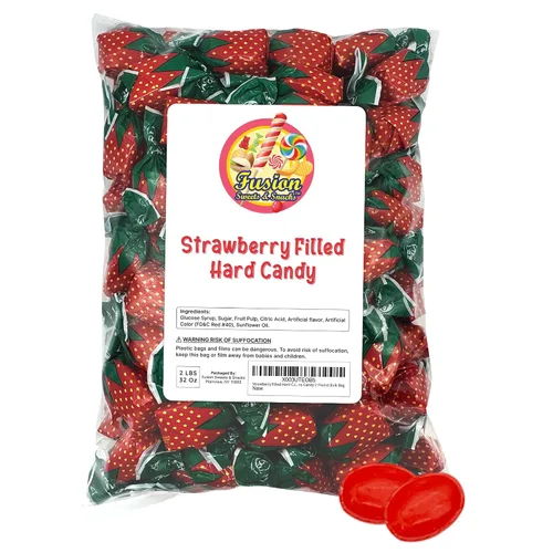Vista 4 de Caramelo duro relleno de fresa - Bolsa de 2 libras, Bon Bons envueltos individualmente Strawberry Bon Bons Candy Bulk Bag (Approx. 130 Pieces)