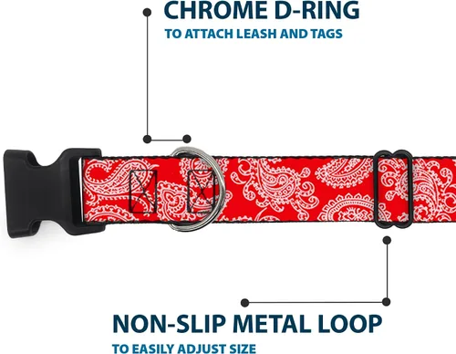 Vista 5 de Buckle-Down Collar de clip de plástico rojo y blanco Paisley de 9-15 pulgadas, pequeño Paisley Red White Durable Adjustable ID Tag Ring Side