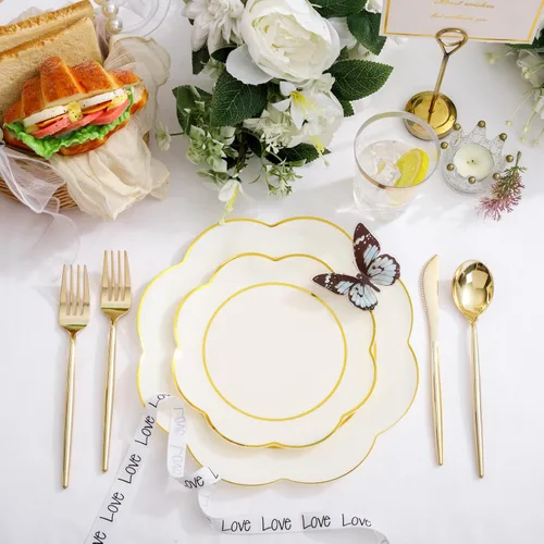 Vista 3 de ejonirinjonir EI - 180 platos de plástico beige con cubiertos de plástico dorado, platos desechables de alta resistencia para fiestas, juego