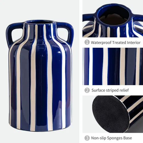 Vista 8 de Jarrón de cerámica azul y blanco con rayas a cuadros con asas, jarrones azul marino florales bohemios modernos para centros de mesa, decoración