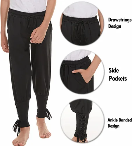 Vista 5 de Pantalones de pirata medievales con banda al tobillo para niños disfraz de pirata vikingo disfraz de Halloween para cosplay pantalones góticos a