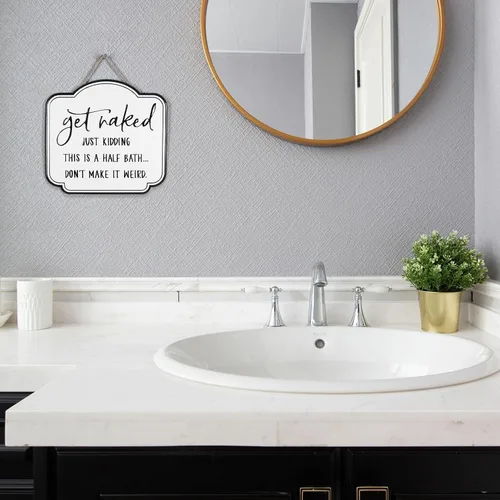 Vista 5 de LIVDUCOT Cartel de lata de baño divertido con texto en inglés «Get Naked», letrero de metal esmaltado negro sobre blanco, cita vintage para baño