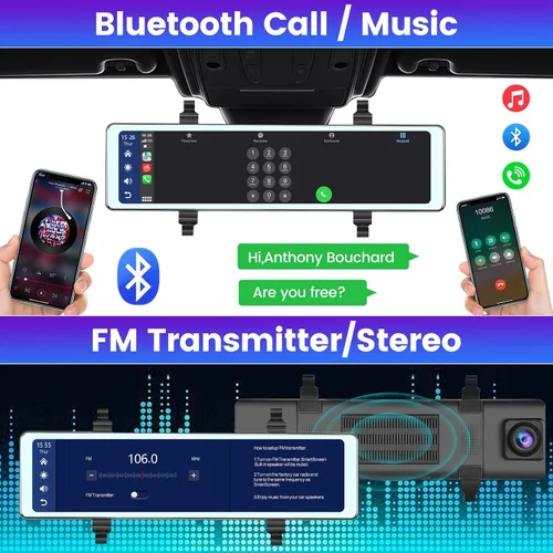 Vista 3 de NHOPEEW Cámara de espejo retrovisor de 11.26 pulgadas con Carplay y Android Auto - Espejo Dash Cam frontal y trasera - Transmisor