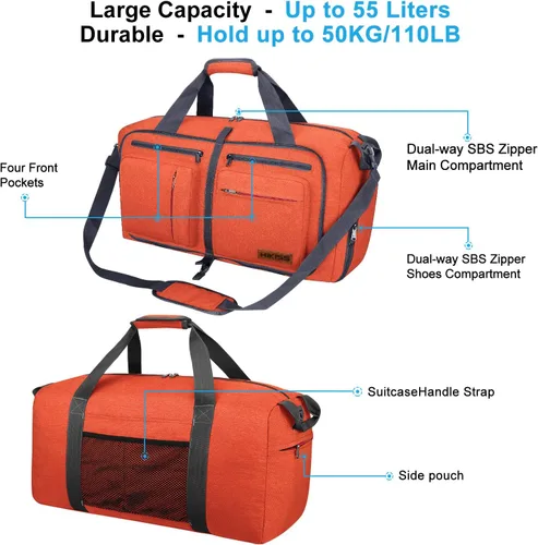 Vista 3 de Hi Kiss - Bolsa de viaje de tela de lana gruesa de 55 litros, bolsa dominguera plegable con compartimento para zapatos, para hombre y mujer