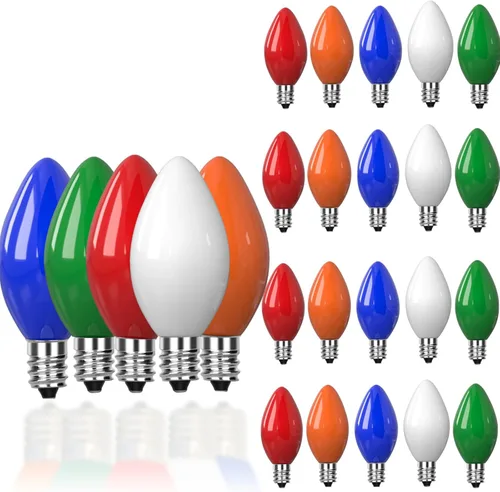 Vista 10 de Paquete de 25 bombillas de repuesto de luces de Navidad C7, bombillas incandescentes de vidrio multicolor transparente, base de candelabro C7/E12