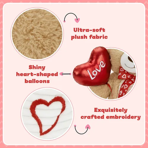 Vista 6 de BENINY Oso de peluche de 15 pulgadas para el día de San Valentín, peluche con globo y bordado de amor, regalo perfecto para parejas