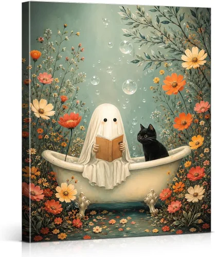 Vista 36 de QPVXSST Arte de Pared Interesante de Fantasma de Halloween para Baño, Póster Impreso en Lienzo de Estilo Gótico, Decoración de Baño con Diseño