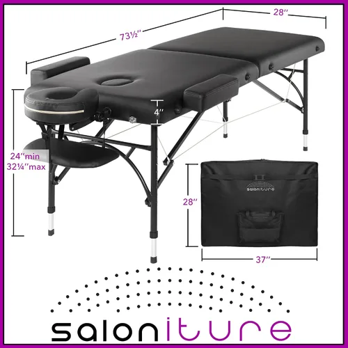 Vista 6 de Saloniture Mesa de masaje profesional portátil y ligera con patas de aluminio, incluye reposacabezas, soporte facial, reposabrazos y funda