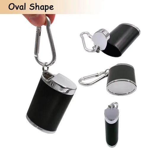 Vista 4 de Hourwof Cenicero portátil de metal con tapa, cenicero de bolsillo para cigarrillos, bandejas de ceniza de viaje con llavero, negro ovalado