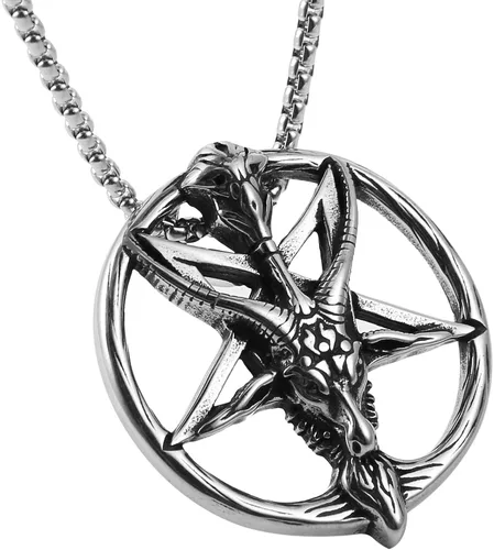 Vista 6 de AsAlways Demon Satan - Collar con colgante de calavera de cabeza de cabra con pentagrama invertido Acero inoxidable