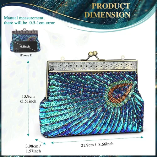 Vista 6 de UBORSE Bolsos de embrague de noche de pavo real con lentejuelas con cuentas Bolso de noche vintage Bolso de boda de fiesta de 1920
