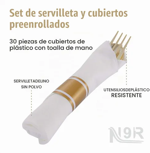 Vista 3 de N9R Paquete de 30 cubiertos de plástico dorado preenrollados
