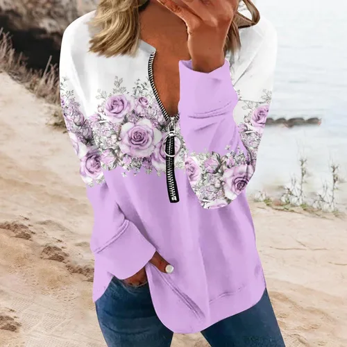 Vista 3 de FlekmanArt Camisetas para salir para mujer, cuello en V, con cremallera de un cuarto, sudadera de manga larga, sudaderas de moda