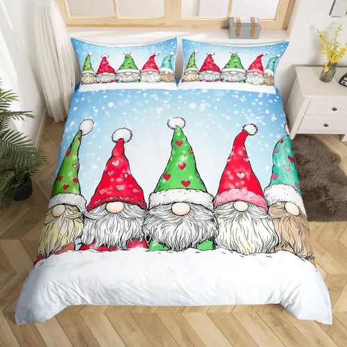 Vista 27 de Erosebridal Juego de ropa de cama de Navidad escandinavos gnomos de Papá Noel, funda de edredón de Papá Noel nevando para niños y niñas, funda