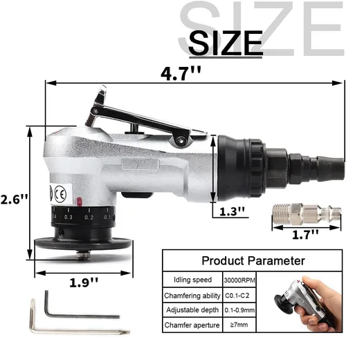 Vista 3 de SI FANG Mini Herramienta de Biselado Neumática con Cuchillas de Repuesto, Insertos y Rodamientos, Herramienta de Desbarbado de Chaflán de Aire de 45
