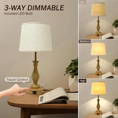 Vista 2 de LALISU Lámpara de mesa de granja con control táctil, lámpara de mesa regulable de 3 vías, lámpara moderna de mesita de noche con 2 puertos USB