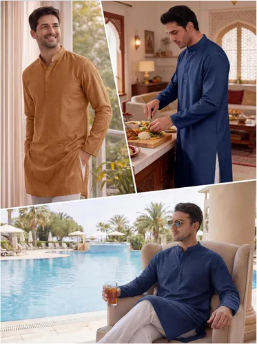 Vista 5 de Runcati Camisa Henley con textura Kurta Thobe para hombre Azul marino