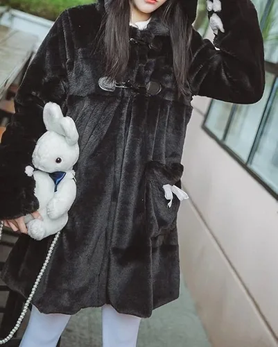 Vista 3 de BZB Kawaii Anime Lindas orejas de conejo con capucha para mujer, dulce y encantador terciopelo de felpa Lolita cálido abrigo parka