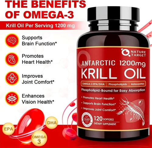 Vista 2 de Nature TARGET Aceite de krill de 1200 mg con omega-3 EPA y DHA con astaxantina, fosfolípidos y colina, apoya el corazón, el cerebro, la salud, sin