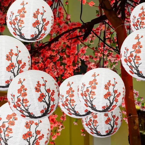 Vista 5 de 12 faroles chinos, faroles de papel de flor de ciruelo de 12 pulgadas, para fiestas, asia, hogar, restaurante, decoración de boda (blanco y rojo)