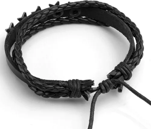 Vista 7 de Juego de 4-10 pulseras de cuero para mujeres y hombres, cuentas de madera trenzadas, cordón ajustable