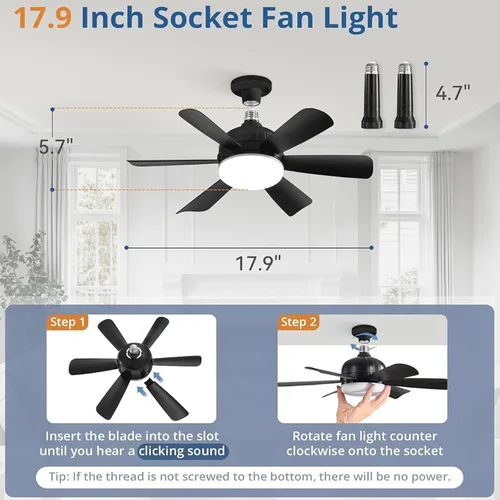 Vista 5 de Luces de techo LED con ventilador de enchufe, 18 pulgadas, control por aplicación, bombilla E26 con luces LED de ventilador de techo remotas