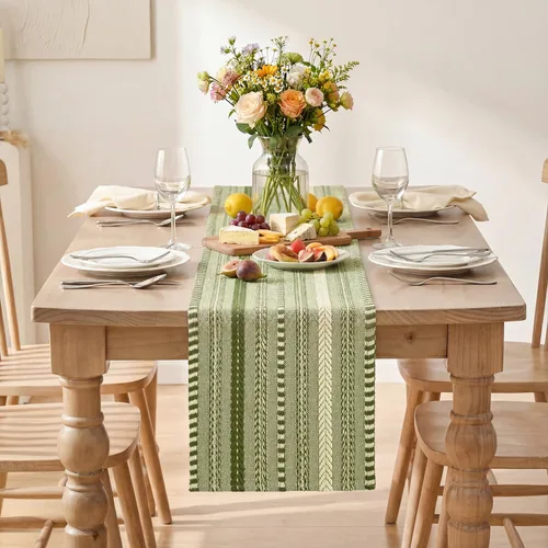 Vista 2 de Artoid Mode Camino de mesa tejido estilo granja verde ejército, decoración rústica de temporada festiva para la cocina y el comedor, para decoración