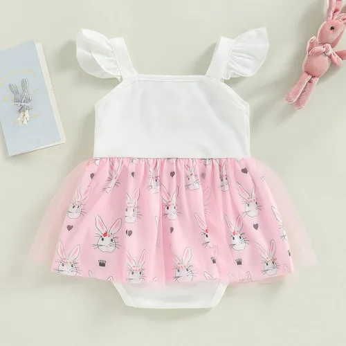Vista 3 de Traje de Pascua para bebé niña, lindo vestido de conejo, vestido de lentejuelas sin espalda, vestidos de juego con tul para recién nacido, ropa