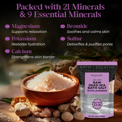 Vista 4 de Aromasong Sal pura cruda del mar muerto para remojar con lavanda 100% natural, 2.43 libras, sal de baño de spa de grano fino, exfoliante de lavado