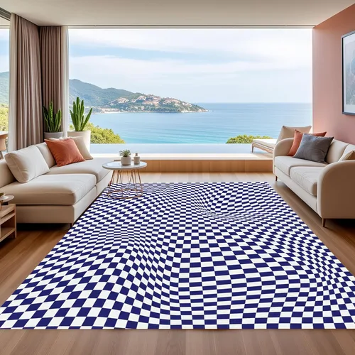 Vista 14 de Alfombra ondulada azul única con diseño de cuadros para sala de estar, extra grande, lavable a máquina, alfombra de pasillo de cocina, alfombra