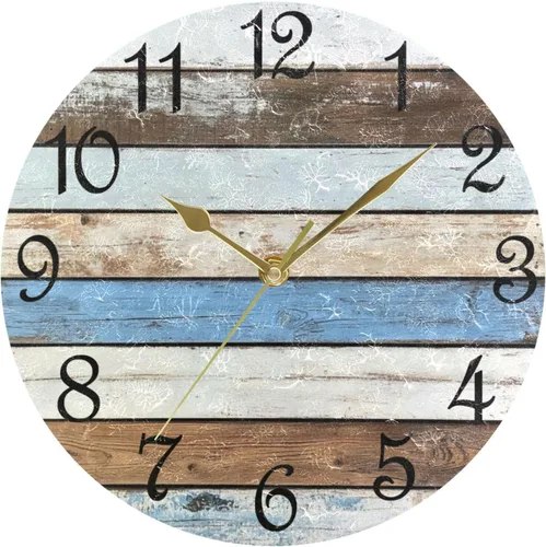 Vista 15 de Reloj de pared rústico retro con puerta de granero de madera, marrón, azul, funciona con pilas, silencioso, sin tictac, 10 pulgadas, reloj de mesa