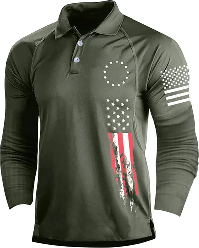 Vista 17 de Camisa polo de manga larga con bandera estadounidense para hombre, cuello gráfico patriótico, camiseta de golf, moderna, casual, cuello en V, tops