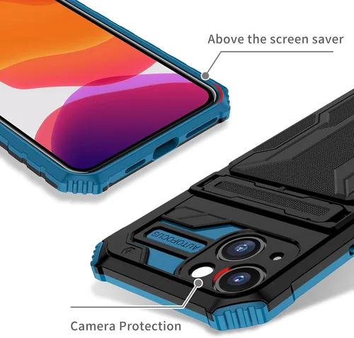 Vista 7 de UBeesize Funda para iPhone 13 con tarjetero 3 en 1 cartera con anillo Kickstand Funda protectora a prueba de golpes TPU+PC Durable Azul
