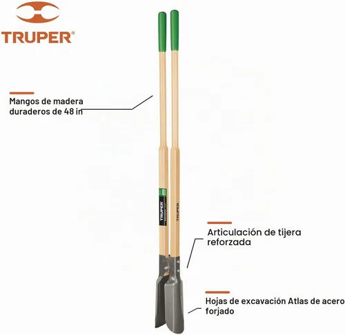 Vista 3 de Truper - 30370 Tru built - Excavadora manual de postes para jardín, 42 pulgadas., asas de madera, 45" Mango de madera de 48 pulgadas, cuchillas